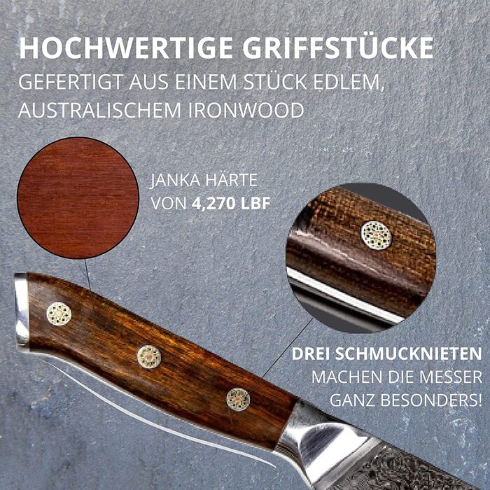 Набір кухонних ножів Stallion Damast з ручкою Ironwood - Японський дамаський сталь VG10, V-подібний край 10 градусів