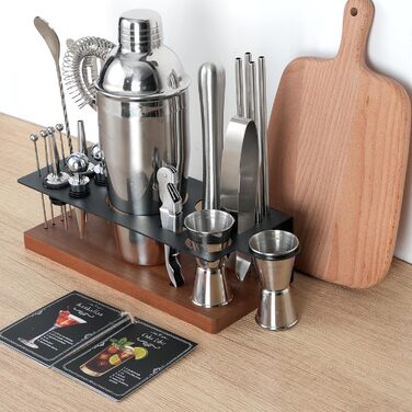 Набір бармена на 23 предмети: шейкер, сито, ложка, мадлер та інші інструменти для приготування коктейлів. Ідеально для дому, бару, вечірки (колір: коричневий)