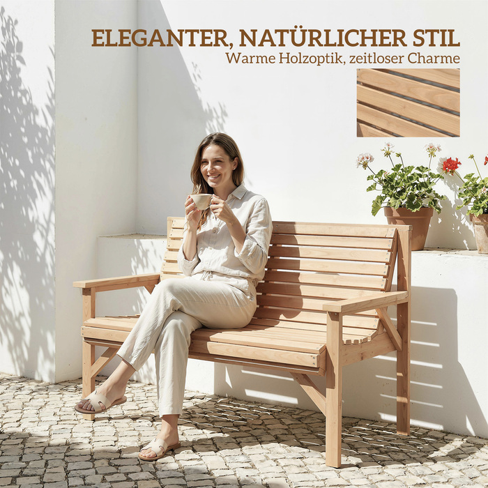 Двомісна дерев'яна лавочка для саду, лавочка з ламелями, з підлокітниками та спинкою, вуличні меблі для балкона, тераси, саду