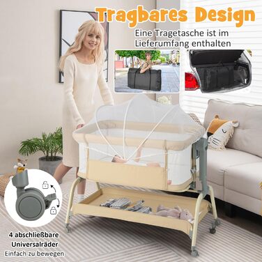 Дитяче ліжко COSTWAY 4-в-1 з москітною сіткою, бебі-ліжко, колиска, візок та туристичне ліжко з матрацом, 6 рівнів регулювання, сумка для перенесення, дитяче ліжко-гойдалка, розкладне, для малюків до 6 місяців (Бежевий)