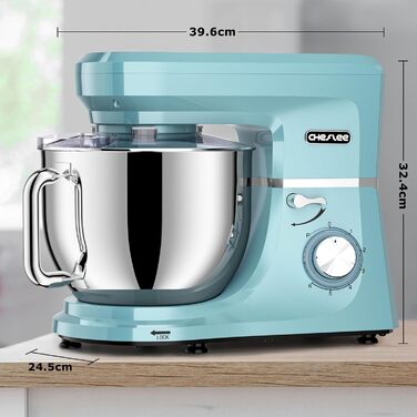 Кухонна машина Cheflee 2000W: потужна планетарна міксер для тіста та збивання, 6 швидкостей, 7.2 л чаша з нержавіючої сталі, гак для тіста та вінчик, захист від бризок (блакитна)