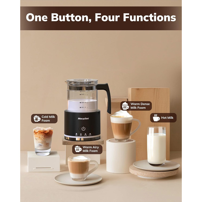 Електричний піноутворювач для молока Morpilot, 130-500 мл, 600 Вт, 4-в-1, для гарячого та холодного молока, миється в посудомийній машині, скляний, дизайн Latte, чорний