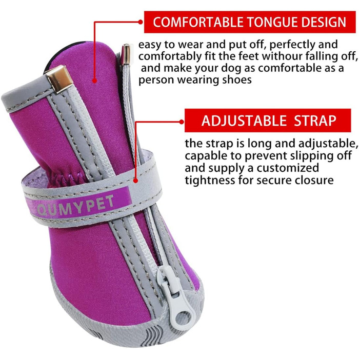 Черевики для собак QUMY, водонепроникні, зимові, нековзкі, світловідбиваючі, фіолетові, 4 шт.