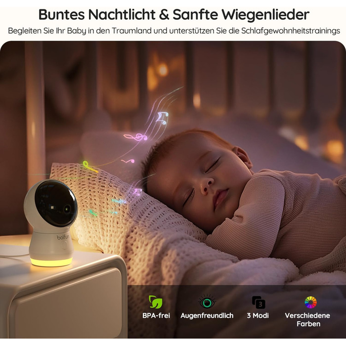 Відеоняня BOIFUN з камерою Wi-Fi 4MP, моніторинг через додаток, виявлення положення дитини, нічник, нічна зйомка, датчик руху/плачу/звуку, автотрекінг, сповіщення про вихід за межі зони