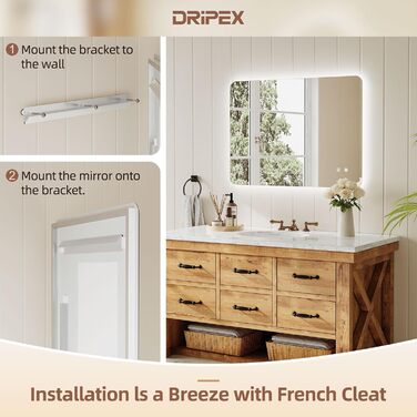 Дзеркало для ванної кімнати з LED підсвічуванням Dripex, сенсорне керування, регулювання яскравості, 3 кольори світла, антизапар, 80x80 см