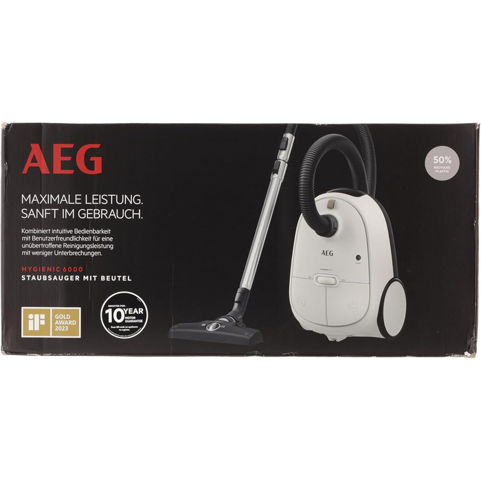 Пилосос AEG CLEAN 6000 AB61C1OKO ECO / Високе всмоктування / Додаткові насадки / Колеса XL / Телескопічна трубка з нержавіючої сталі / 65 переробленого матеріалу / Кабель 12 м / 750 Вт / Аксесуари / Сірий (Білий матовий)