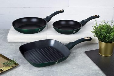 Набір сковорідок Berlinger Haus з 3 предметів, круглі сковороди 20 см / 24 см зі сковородою-гриль 28 см, колекція Emerald, темно-зелений
