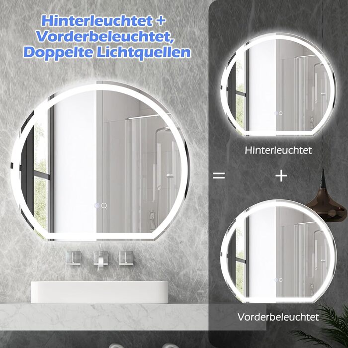 Дзеркало для ванної кімнати RELAX4LIFE з підсвічуванням, настінне напівкругле, 60 x 54 см, LED, сенсорне керування, функція пам'яті, антизапар, 3 кольори світла, регулювання яскравості