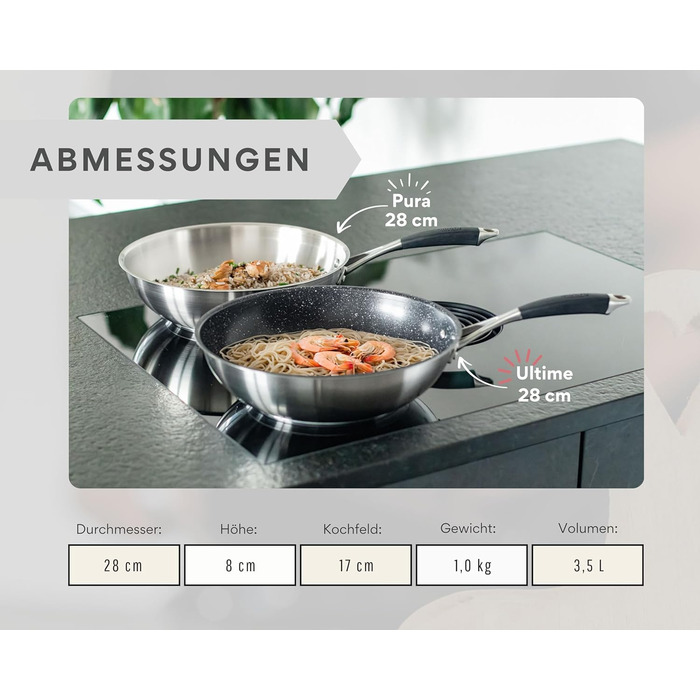 Набір сковорідок нержавіючої сталі PURA 20, 24, 28 см – без покриття PTFE/PFOA, для індукції та всіх плит, для смаження з ароматом (включає вок ULTIME 28 см)