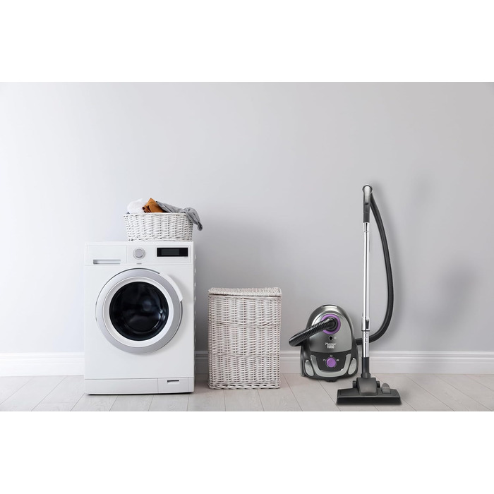 Пилсос Bestron з мішком, для прибирання підлоги, з 3 мішками, телескопічна труба 94 см, перемикач насадки для підлоги, радіус дії 7.5 м, HEPA 12 та мікрофільтр, миючий, чорний/фіолетовий