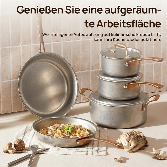 Набір каструль KOKHUB 8 шт. з нержавіючої сталі для індукційних плит, вінтажний набір каструль та сковорідок без покриття, PFOA/PFAS/PTFE-free, набір каструль з кришками для всіх типів плит, безпечний для духовки та мийки