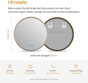Дзеркало для ванної кімнати EMKE з підсвічуванням, 80 см, 3 кольори світла, регулювання яскравості, антизапар, сенсорне управління, функція пам'яті, енергозбереження, кругле, золотий фрейм (60x60 см)