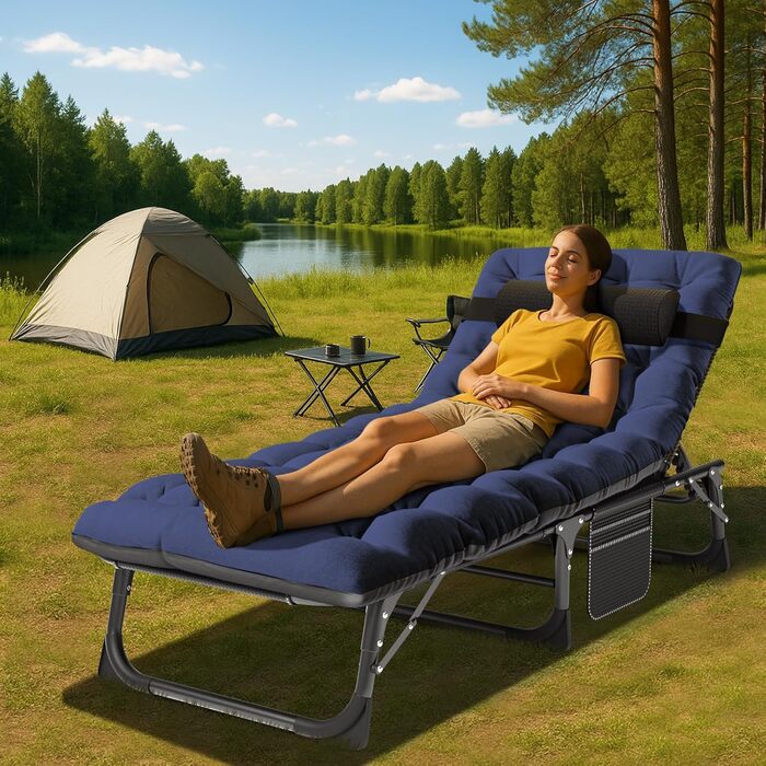 Складне ліжко-шезлонг – 200 кг, з матрацом, кишенями, регульованою спинкою та підголівником – для офісу, тераси, саду, кемпінгу та відпочинку на сонці (Блакитний Літтер)