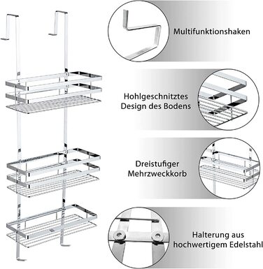 Ваш душовий піддон без свердління полиця для ванної підвісна полиця 3 поверхи для підвішування з гачками душова Полиця душова корзина для душової кабіни ванна кімната - 80 см (срібло)