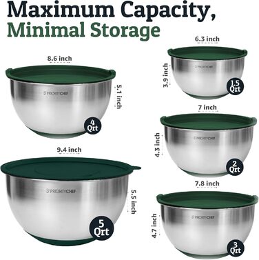 Набір міксерів PriorityChef з нержавіючої сталі з кришками, 3 тертки, герметичні кришки, силіконова основа, набір для кухні, великі миски для приготування їжі, зелений
