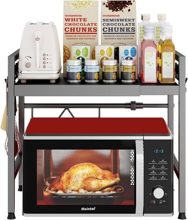 Регульована полиця для мікрохвильової печі, розширювана підставка-органайзер для кухні, міцний металевий каркас, з 8 гачками (2-рівнева, сіра)