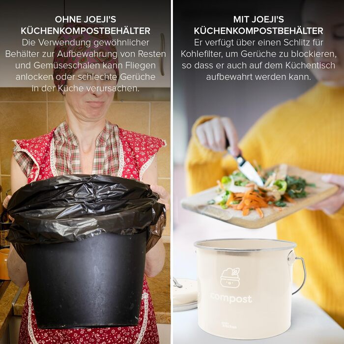 Компостний контейнер Joejis 3.5 л - Кухонний компост з фільтрами з активованим вугіллям, внутрішній компостер з оцинкованої сталі, без запаху та ідеально підходить для харчових відходів - вершки