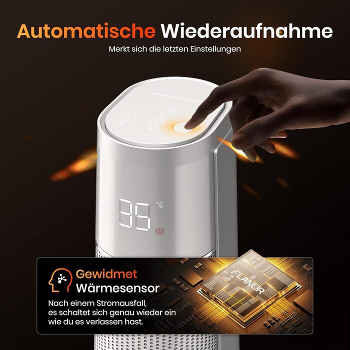 Електричний обігрівач з термостатом та ECO-режимом, 1500W, PTC керамічний, 4 режими, цифровий дисплей, таймер 12 годин, 35dB, срібний (74cm)