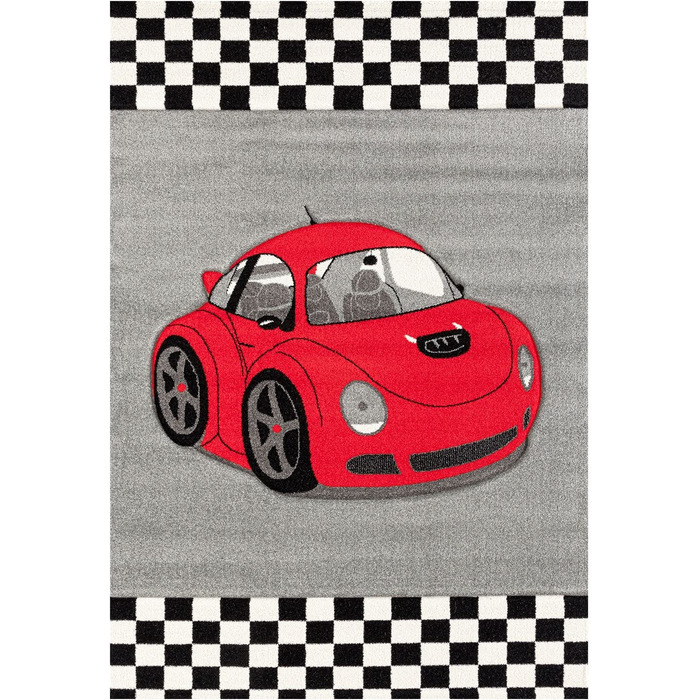 Дитячий килим VIMODA, автомобіль, гоночний автомобіль, дитяча ігрова кімната, Сірий, Чорний, червоний, розміри (160 x 230 см)
