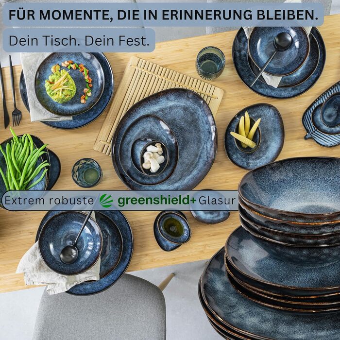 Sänger Tafelservice Tokio 24 елементи: набір посуду з 24 предметів для 8 осіб, столовий сервіз з каменю, сучасний ручної роботи, темно-синій з чорними акцентами | PREMIUM COLLECTION