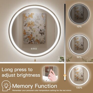 Дзеркало для ванної кімнати Habison з підсвічуванням 70x70 см LED, з годинником, сенсорним вимикачем, регулюванням яскравості, захистом від запотівання, 3-х кратним збільшенням, Bluetooth, 3 кольори світла