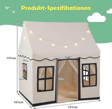 Дитячий намет DREAMADE з гірляндою та килимком, намет Тіпі, дитячий будиночок з вікнами, намет для хлопчиків та дівчаток, для дому та вулиці (Бежевий + Чорний)