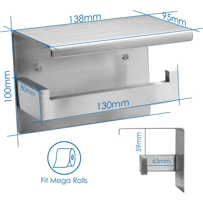 Тримач для туалетних рулонів Auxmir, полиця, без свердління, нержавіюча сталь, самоклеючий, настінний, нержавіючий, сріблястий