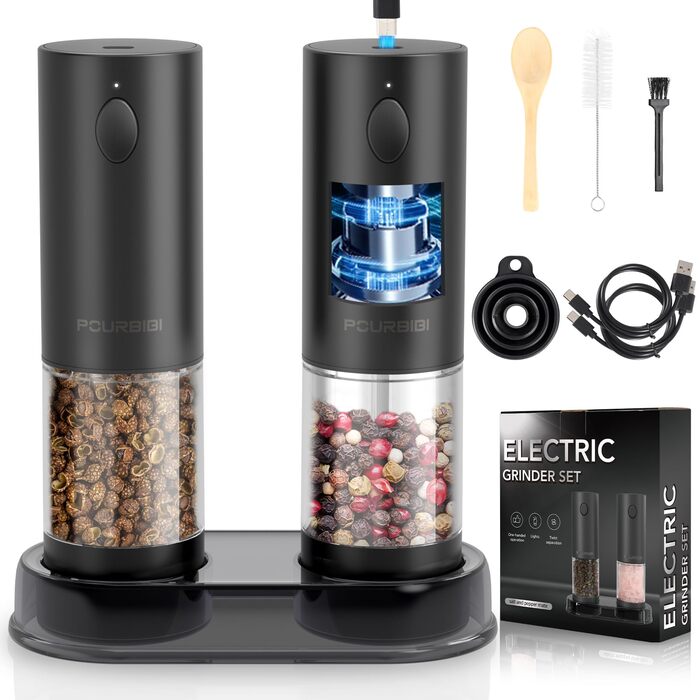 Електричні мельниці для солі та перцю 2 шт. з USB-C зарядкою, 100 мл, 6 ступенів помелу, для зручного використання однією рукою, з LED-підсвічуванням, керамічний жорно, для спецій