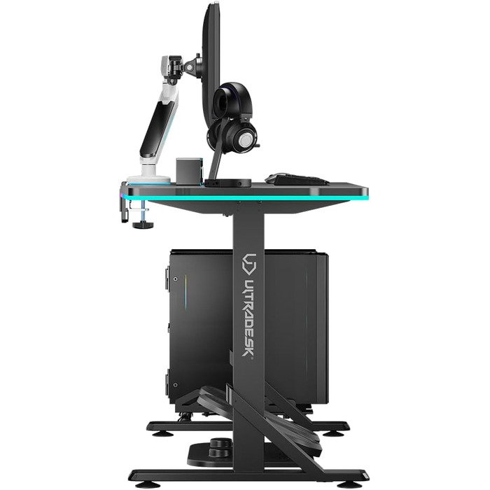 ULTRADESK - Стол для геймінгу Iron - Механічний регульований стіл з RGB підсвічуванням, чорний