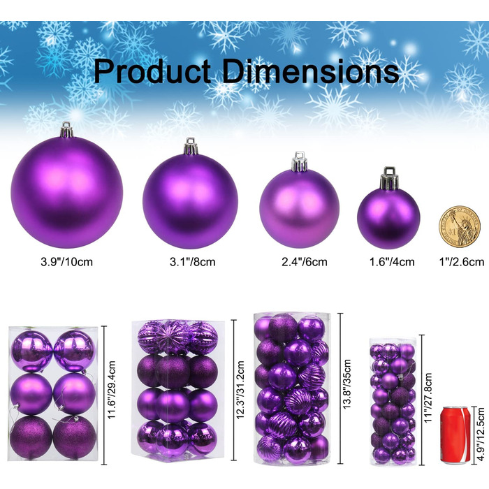 Різдвяні прикраси різдвяні кулі, 12 шт. дробові ялинкові кулі прикраси ялинкові прикраси для ялинки ялинкові кулі різдвяні прикраси кулі 3,1 дюйма / 8 см (1,6 дюйма/4 см, фіолетовий), 8