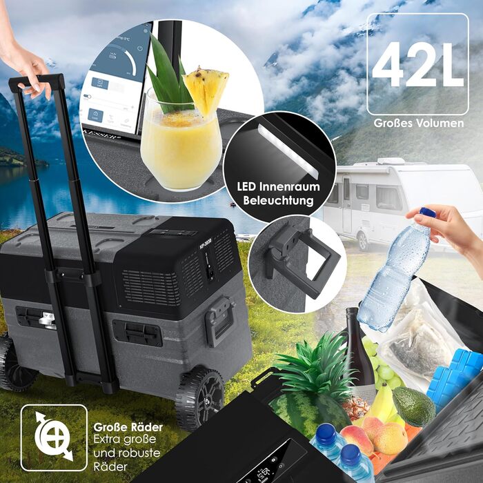 Автомобільний компресорний холодильник KESSER 42L з Wi-Fi, 12/24/230V. Морозильна камера до -20°C, колеса, телескопічна ручка для кемпінгу, фургону, вантажівки + 2 акумулятори холоду