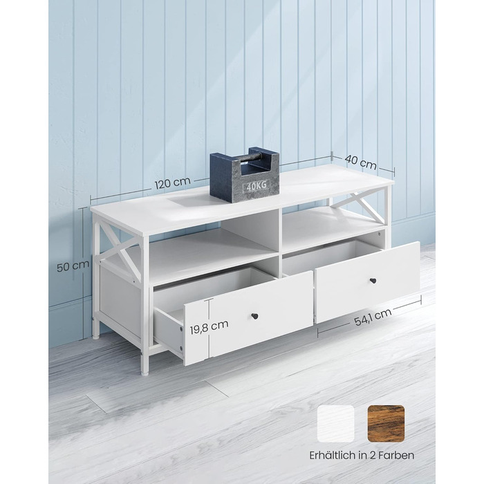 Тумба під телевізор VASAGLE, 120 см, з 2 шухлядами та 2 відкритими полицями, для телевізорів до 55 дюймів, сталевий каркас, вінтажний колір, LTV300B01