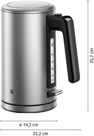 Електричний чайник WMF Lono Silk 1.6 л з нержавіючої сталі, з фільтром від накипу, бездротовий, з поворотним підставою, антижирове покриття, відкривання однією рукою, зовнішній індикатор рівня води