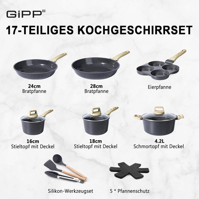 Набір посуду GipP Keramik, антипригарне покриття, 17 предметів (сірий), безпечний для миття в посудомийній машині, без PFAS