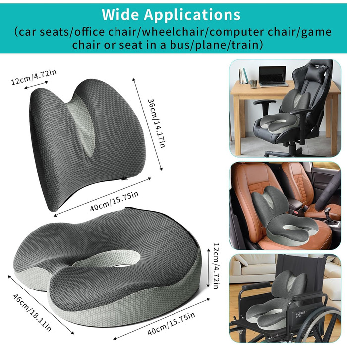 Набір подушок для сидіння та підтримки спини 2 в 1, ергономічні подушки з піною з пам'яті для офісного крісла, автокрісла, інвалідного візка, сірий колір