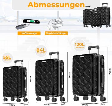 Набір валіз KESSER з 3-х предметів, ABS пластик, жорсткий корпус, з кодовим замком, вагами для багажу та дорожньою сумкою, колеса 360°, чорний