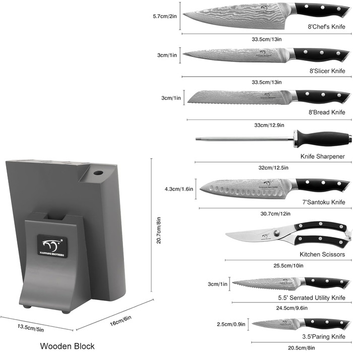 Набір кухонних ножів Дамаск з дерев'яним блоком, професійний кухонний набір, VG10, 67 шарів, преміум якість (9 предметів, сірий)
