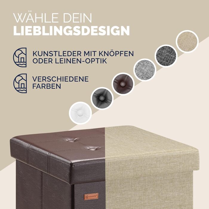 Пуф Casaria® з місцем для зберігання, білий, складний, з м'яким сидінням, 38x38 см. Підходить для спальні, вітальні, передпокою.