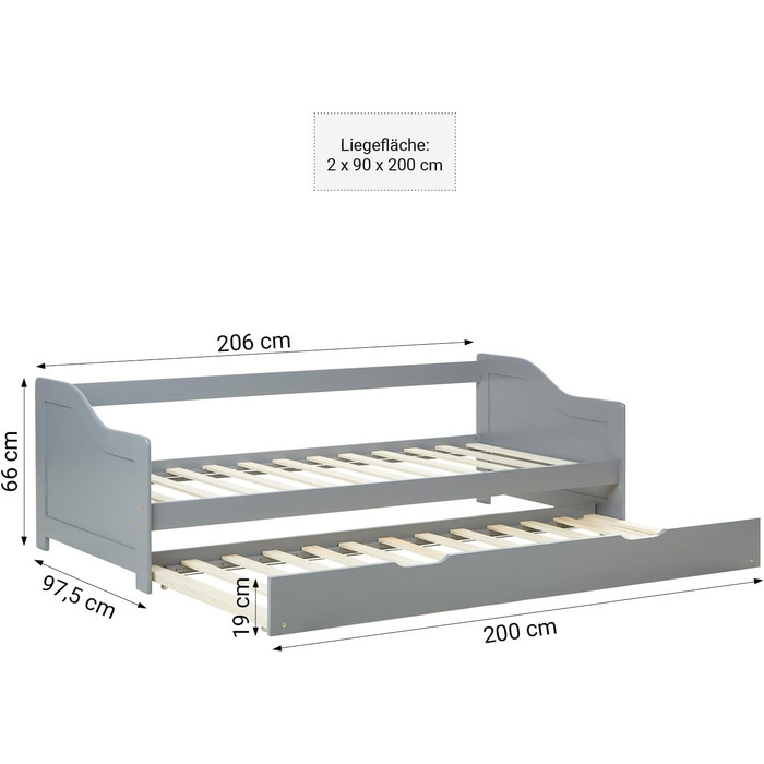 Висувне ліжко Homestyle4u 90x200 см з ящиком для зберігання, сірий дуб, каркас з сосни, ламелі, дитяче ліжко