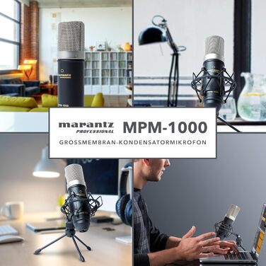 Конденсаторний мікрофон Marantz Professional MPM1000 з поп-фільтром, амортизатором, штативом та XLR кабелем для дому та студії