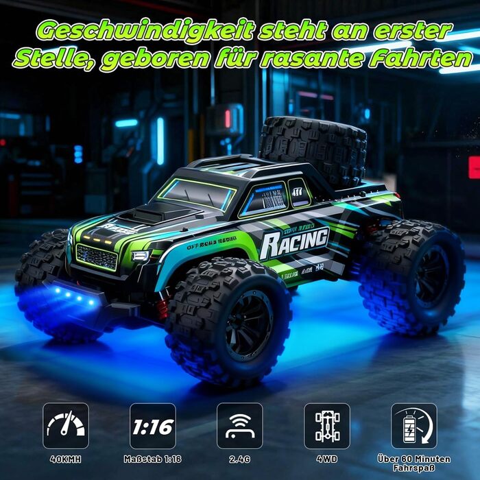 RC Автомобіль 1:18 - Швидкісний позашляховик 2.4GHz з LED підсвіткою, 2 батареї, 25 км/год, для хлопчиків від 3 років