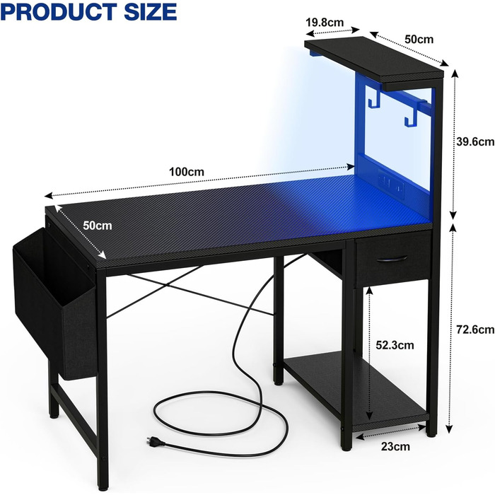 Ігровий стіл Grandder 120 см з розеткою та LED-підсвічуванням, комп'ютерний стіл з регульованими полицями та шухлядою, білий (100 x 50 см, карбоновий дизайн)