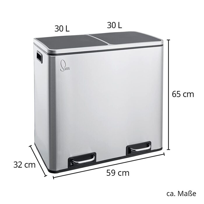 Висувний ящик для сміття SVITA TM2X30 об'ємом 60 літрів, дизайнерська кошик для сміття, сміттєва корзина, система поділу кухонного приладдя (сріблястий)