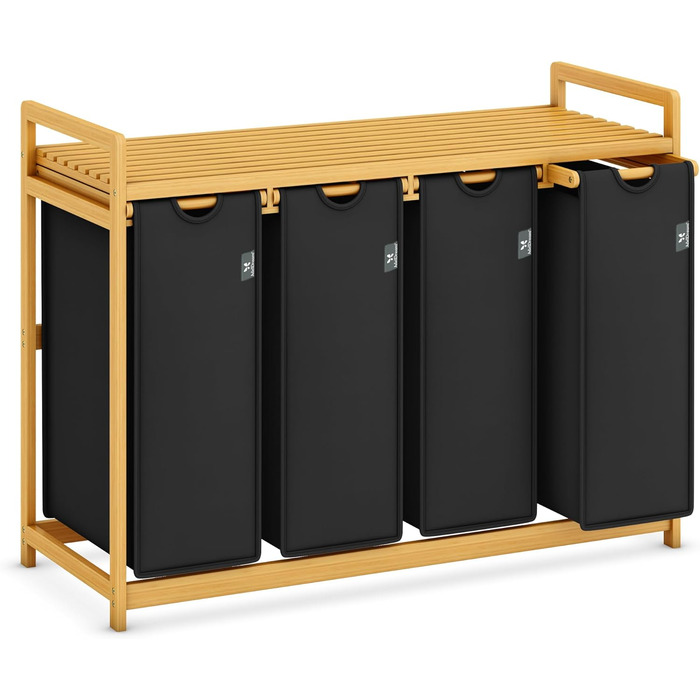Кошик для білизни AdelDream Premium 200L з 4 відділеннями, висувний мішок для білизни з бамбуковим каркасом, бежевий, для ванної кімнати та спальні