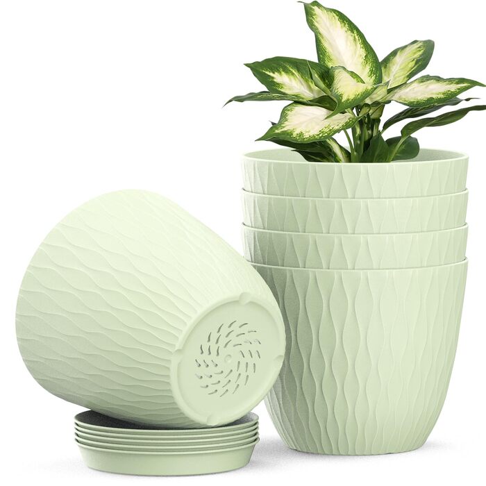 Набір горщиків для квітів з системою поливу (5 шт.), 17.8 см, з підставкою, для дому та балкону (світло-зелений)