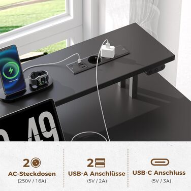 Ігровий кутовий стіл Seventable L-подібний з LED підсвіткою та розетками, 3 ящики, чорний 135x135x88 см