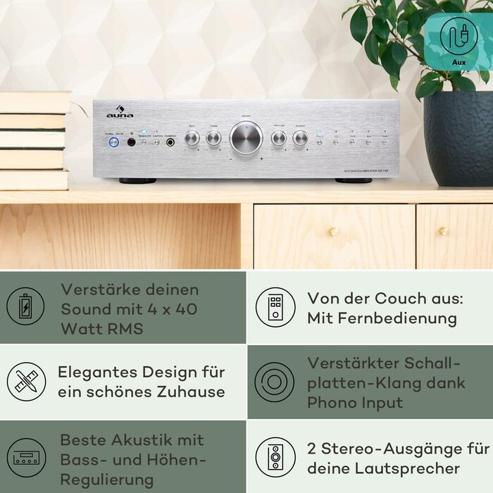 Міні-підсилювач Auna HiFi Stereo, 2 канали, керування низькими та високими частотами, з дистанційним керуванням, AUX, срібло