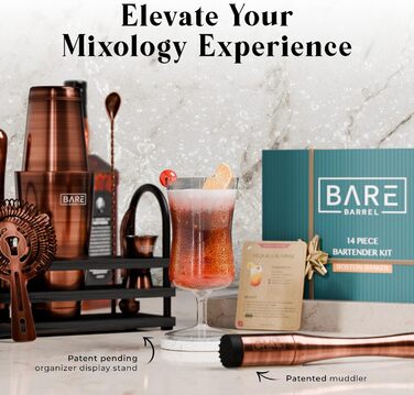 Набір барменів BARE BARREL Pro Mixology, 14 предметів, бостонський шейкер, барний посуд, підставка, 35 карток рецептів