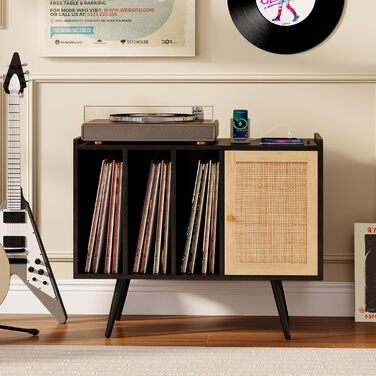 Підставка для програвача COSTWAY з зарядною станцією, стійка для вінілових програвачів, шафа для зберігання платівок, ротанговий дерев'яний шафчик, стіл для зберігання 220 платівок, 80 x 40 x 65 см (Чорний)