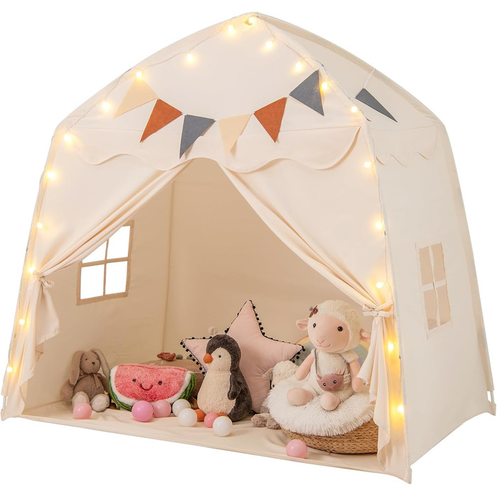 Дитяче намет-ліжко DREAMADE 2 в 1 з гірляндою та прапором, ігровий намет для дитячої кімнати, ігровий будиночок для дітей від 3 років (Бежевий)